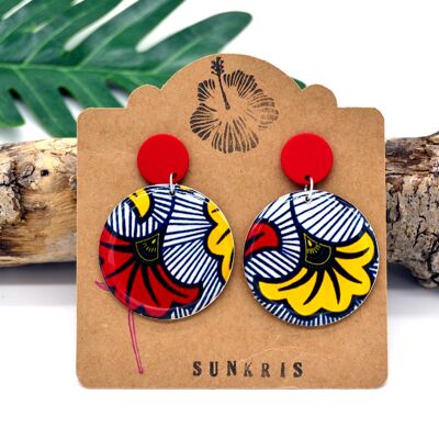 Boucles d'oreilles africaines motifs wax fleur de mariage jaune rouge papier résiné fêtes des mères