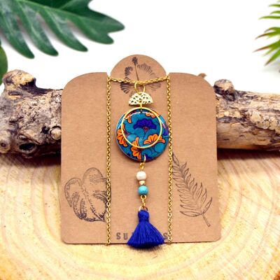Colorful long necklace in wood and resin paper inspiration wax ginkgo flower blue orange gold