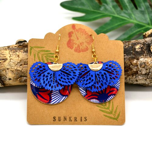 Boucles d'oreilles wax fleur pagne africain rouge bleu or pompon éventail bleu en simili cuir