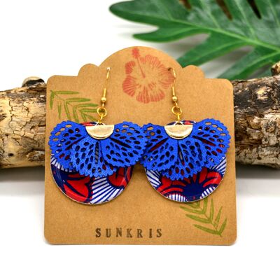 Afrikanische Wachsblume Lendenschurz Ohrringe Rot Blau Gold Blauer Fächerbommel aus Kunstleder