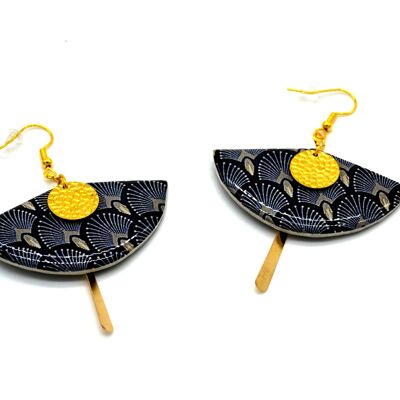 Ethnic resin paper fan earrings peacock gold black brown