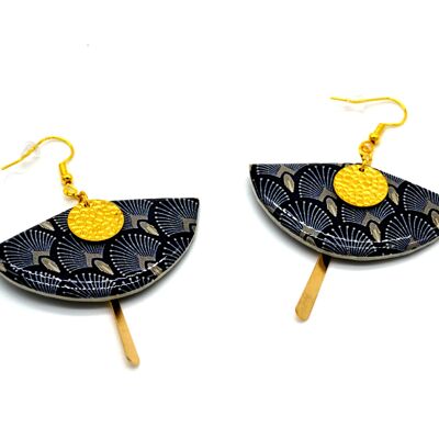 Ethnic resin paper fan earrings peacock gold black brown