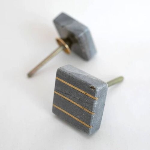 Square Grey Marble Drawer Pull with Brass Detail