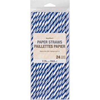 Pailles en papier rayées bleu cobalt avec technologie Eco-Flex® 3
