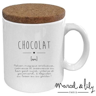 "Chocolate Definition" mug with its cork lid