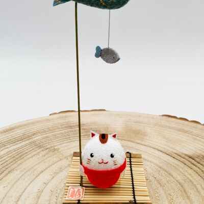 Lucky Cat figurine in Japanese fabric and bamboo, handmade in Japan - Cat