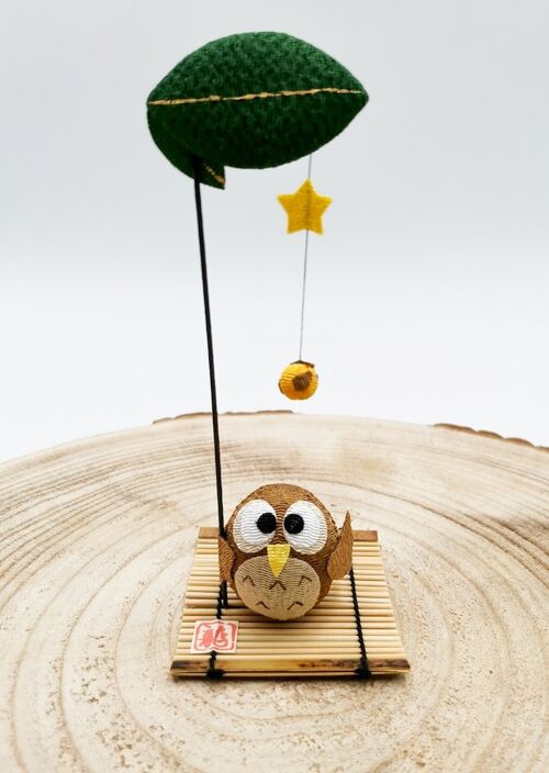 Lucky figurine Hibou in Japanese fabric and bamboo, handmade handmade in Japan - Hibou