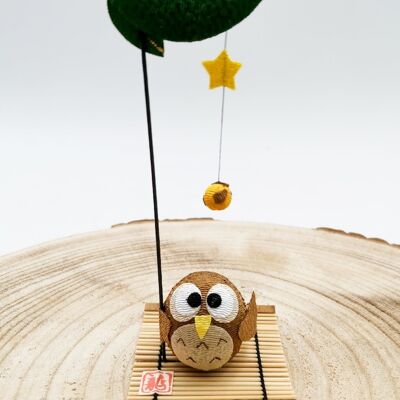 Lucky Owl figurine in Japanese fabric and bamboo, handmade in Japan - Owl