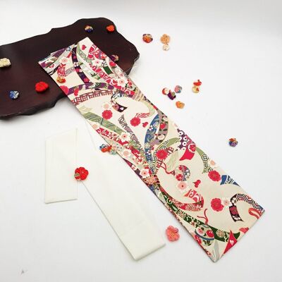 Reversible Japanese cotton belt with Hana Matsuri White motifs, made in France