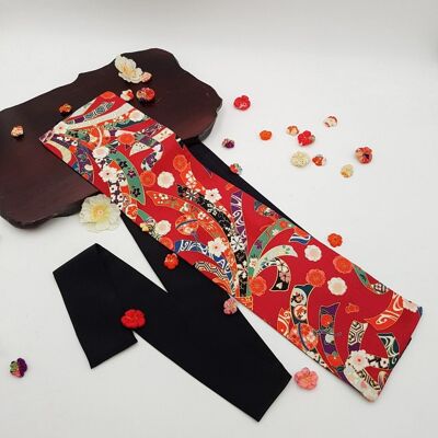 Reversible Japanese cotton belt with Hana Matsuri patterns Brown Vegan leather, made in France