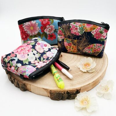 Japanese pouch kit 100% cotton faux leather and floral pattern, zipper pouch made in Japan