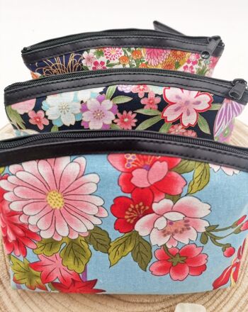 Trousse pochette japonaise 100% coton simili cuir et motif floral, pochette à fermeture éclair made in Japan 10