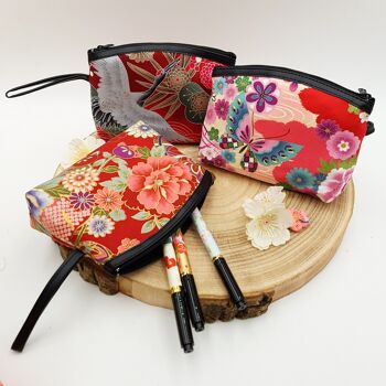 Trousse pochette japonaise 100% coton simili cuir et motif floral, pochette à fermeture éclair made in Japan 2