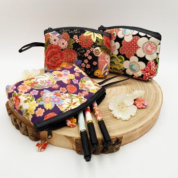 Trousse pochette japonaise 100% coton simili cuir et motif floral, pochette à fermeture éclair made in Japan 3