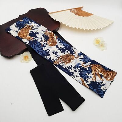 Reversible Japanese cotton belt with Tiger and Blue Waves motifs, made in France