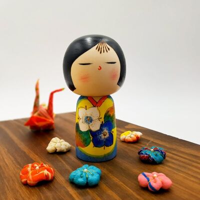 Azenohana wooden Kokeshi doll yellow and blue flowery handmade in Japan