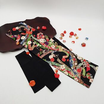 Ceinture en coton japonais réversible motifs Hana Matsuri Noir Cuir Vegan Rouge, fabriquée en France 1