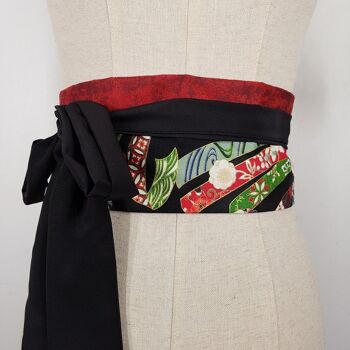 Ceinture en coton japonais réversible motifs Hana Matsuri Noir Cuir Vegan Rouge, fabriquée en France 3