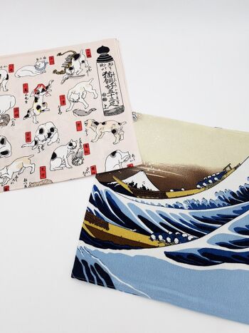 Furoshiki gift wrapping in reusable Japanese fabric with patterns Cats and Wave Hokusai - Chat Large 72x68 cm 10