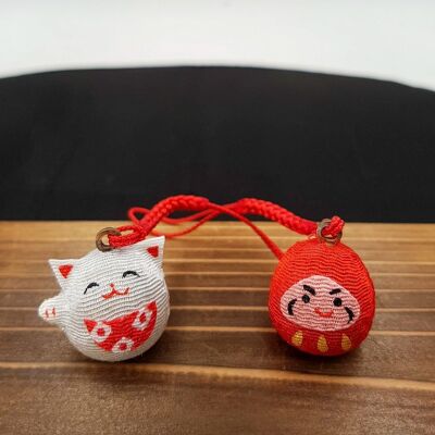 Lucky ring cat bell and Daruma in Japanese fabric - Cat