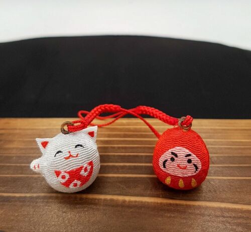 Lucky ring cat bell and Daruma in Japanese fabric - Daruma