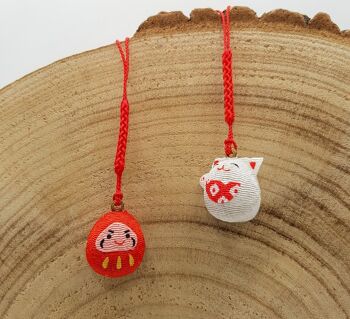 Lucky ring cat bell and Daruma in Japanese fabric - Daruma 4
