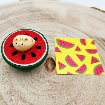 Lucky figurine Cats and Watermelon Fruits in Japanese Chirimen fabric, handmade in Japan