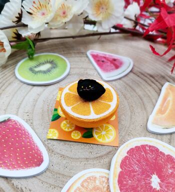 Figurine porte-bonheur Chats et Fruits Orange en tissu japonais Chirimen, fait main artisanal au Japon 2