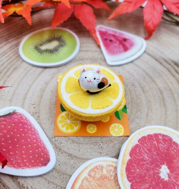 Figurine porte-bonheur Chats et Fruits Orange en tissu japonais Chirimen, fait main artisanal au Japon 7