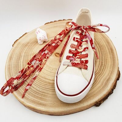 Pair of colorful laces in Japanese Chirimen Red fabric