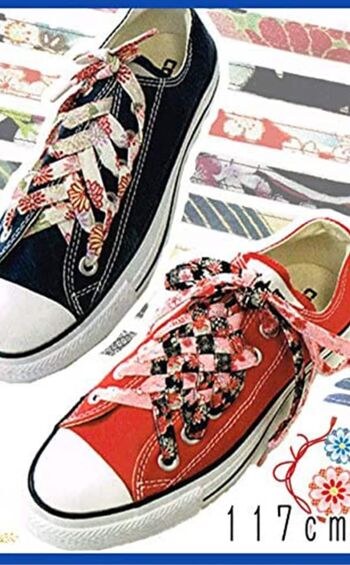 Pair of colorful laces in Japanese Chirimen Red fabric 10