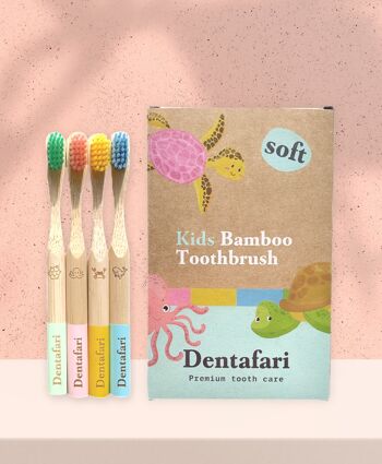 Lot de 4 brosses à dents en bambou pour enfants - BLEU, JAUNE, ROSE, VERT 1