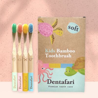 Paquete de 4 cepillos de dientes para niños de bambú - AZUL, AMARILLO, ROSA, VERDE