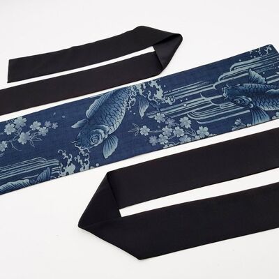 Japanese reversible cotton belt with Koi motifs Blue