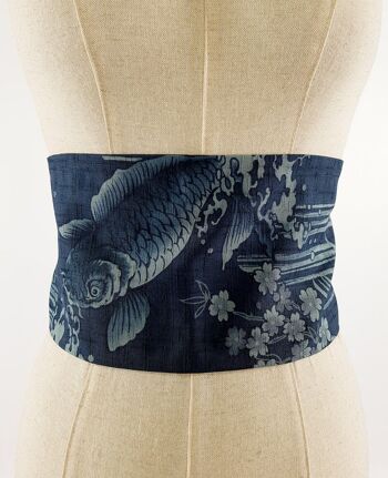 Ceinture japonaise en coton réversible motifs Koi Bleu 3