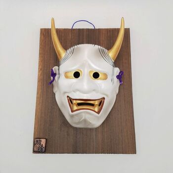 Masque de théâtre nô décoratif Démon Hannya fixé sur plaque en bois avec signature de l'artiste 4