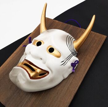 Masque de théâtre nô décoratif Démon Hannya fixé sur plaque en bois avec signature de l'artiste 7