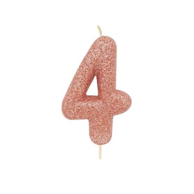 Vela con púa moldeada con números brillantes de 4 años en oro rosa