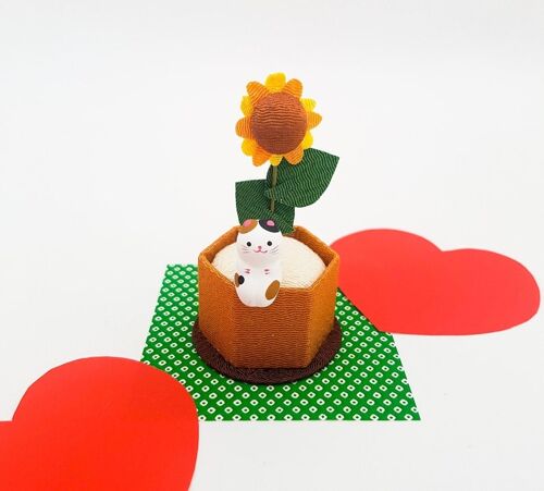 Figurine porte-bonheur en tissu japonais Chirimen Chat Calico sur pot de tournesol