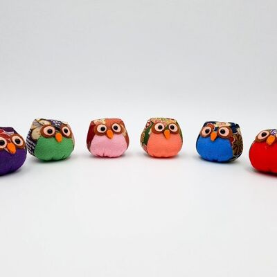 Handmade lucky owl figurines in Japanese fabric chirimen