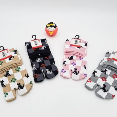 Japanische Tabi-Socken aus Baumwolle und kariertem Katzenmuster Hergestellt in Japan Größe Fr 34 - 40