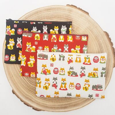 Pouch in Japanese cotton fabric with Shiba Daruma and Japan motifs with zipper