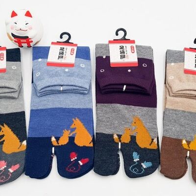 Japanische Tabi-Socken aus Baumwolle und Fuchsfamilienmuster, hergestellt in Japan, Größe Fr 34–40