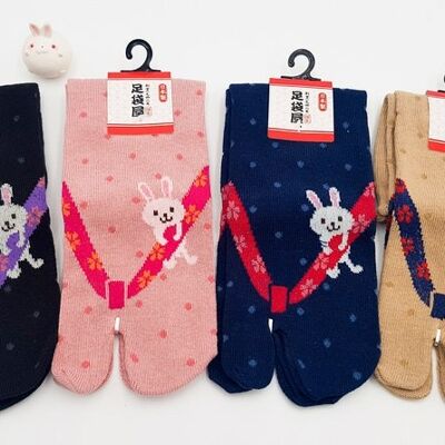 Japanische Tabi-Socken aus Baumwolle und Usagi-Geta- und Kaninchenmuster. Hergestellt in Japan. Größe Fr 34 - 40