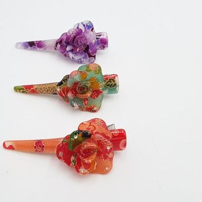 Small Japanese hair flower clip with chirimen fabric and resin