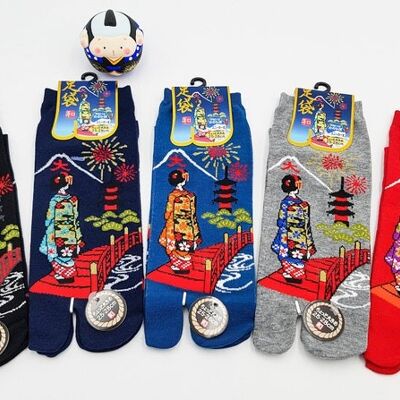 Japanische Tabi-Socken aus Baumwolle und Geisha- und Brückenmuster, hergestellt in Japan, Größe Fr 40–45
