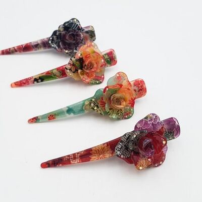 Large Japanese hair flower clip with chirimen fabric and resin