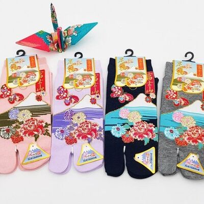 Kurze japanische Tabi-Baumwollsocken mit Blumenmuster des Berges Fuji Fr 34 - 40, Kutsushita Geta-Socken-Kimono-Accessoire