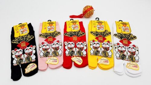 Chaussettes Japonaises Tabi en Coton et Motif Maneki Neko Chance Taille Fr 34-40