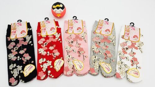 Chaussettes Japonaises Tabi courtes en coton motif Sakura Taille Fr 34 - 40, socquette kutsushita geta accessoire kimono
